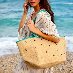 NEW Shiraleah Cici Natural Tote Bag Large Jute Sea Animal Charms Tan  12 x 22